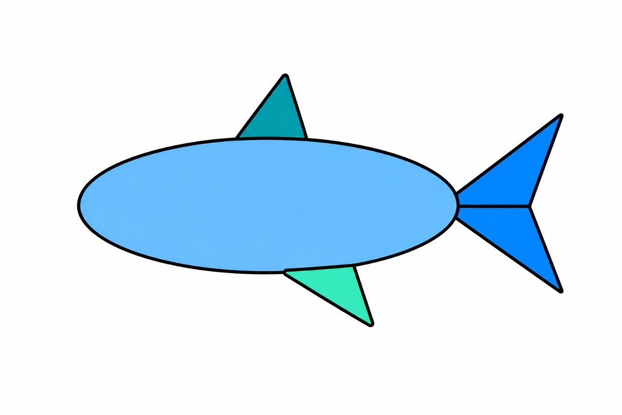 Shark drawing with colour showing body, tail, top fin, and side fin.