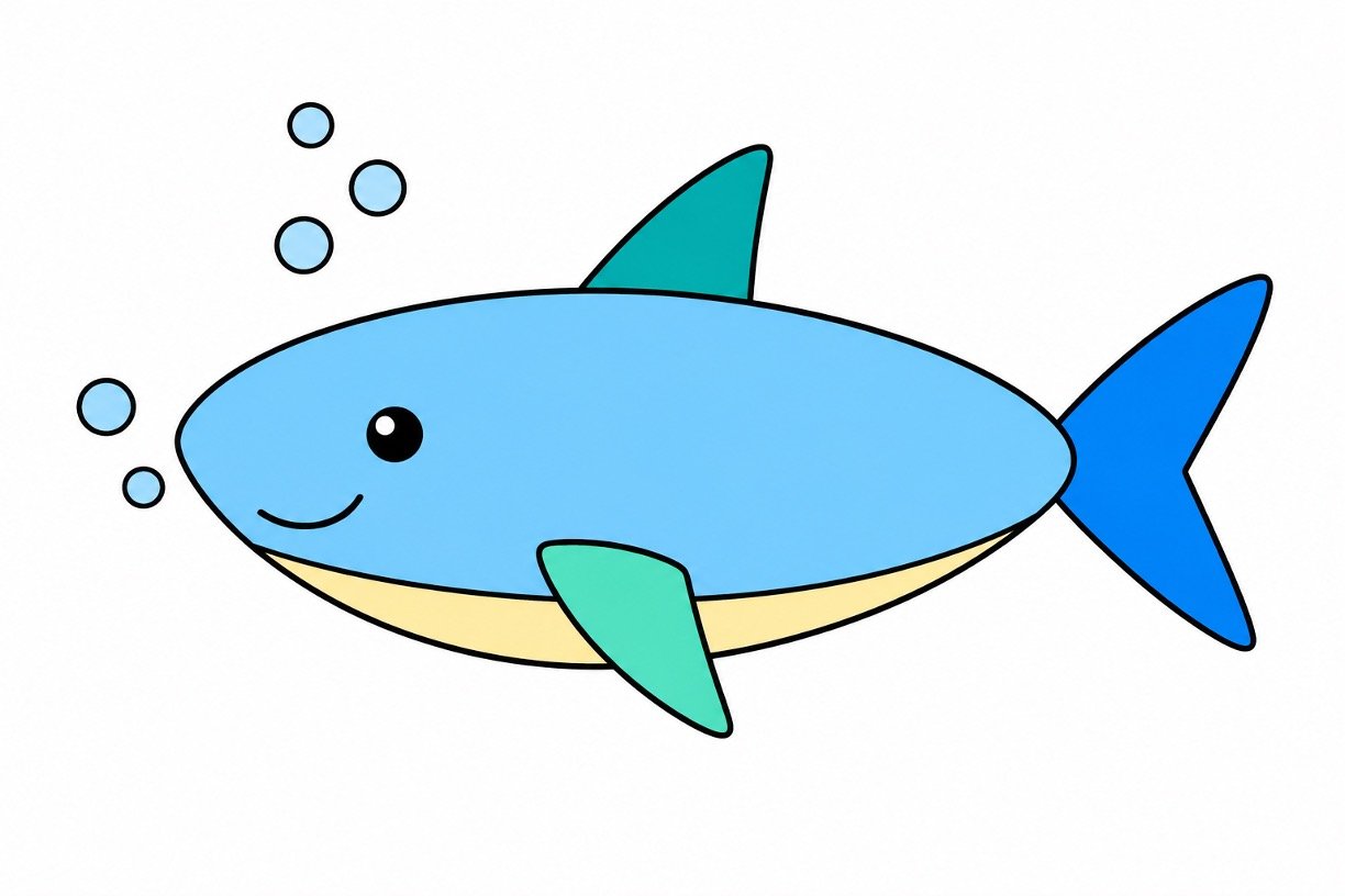 Shark drawing with colour with pale blue bubbles around it.
