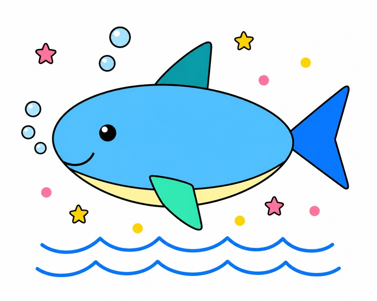 Completed shark drawing with colour in bright ocean colors.