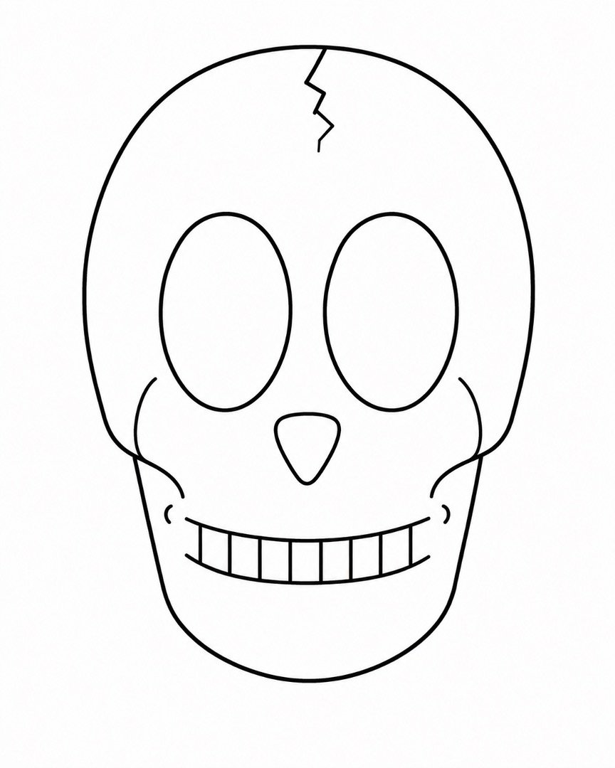 A completed friendly cartoon skull with teeth, cheek details, and a small forehead crack.