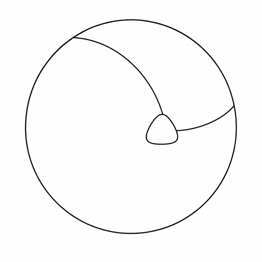 Two curved seams dividing the top and right parts of the volleyball.