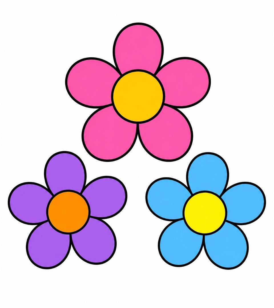 Three bright flowers completed in an easy flowers drawing with colour.
