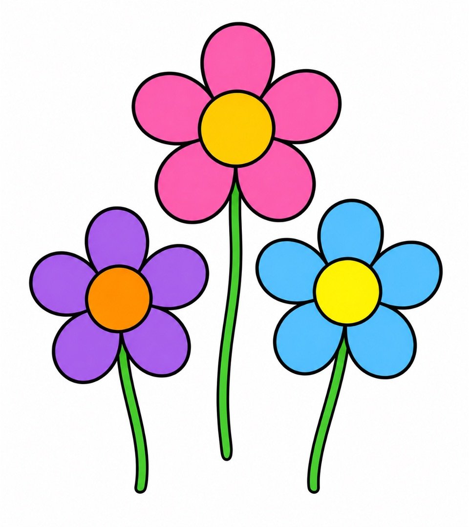 Green stems drawn below three flowers in a flowers drawing with colour.
