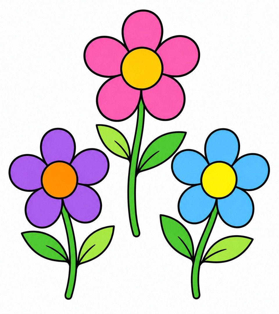 Bright green leaves added to the flowers drawing with colour.