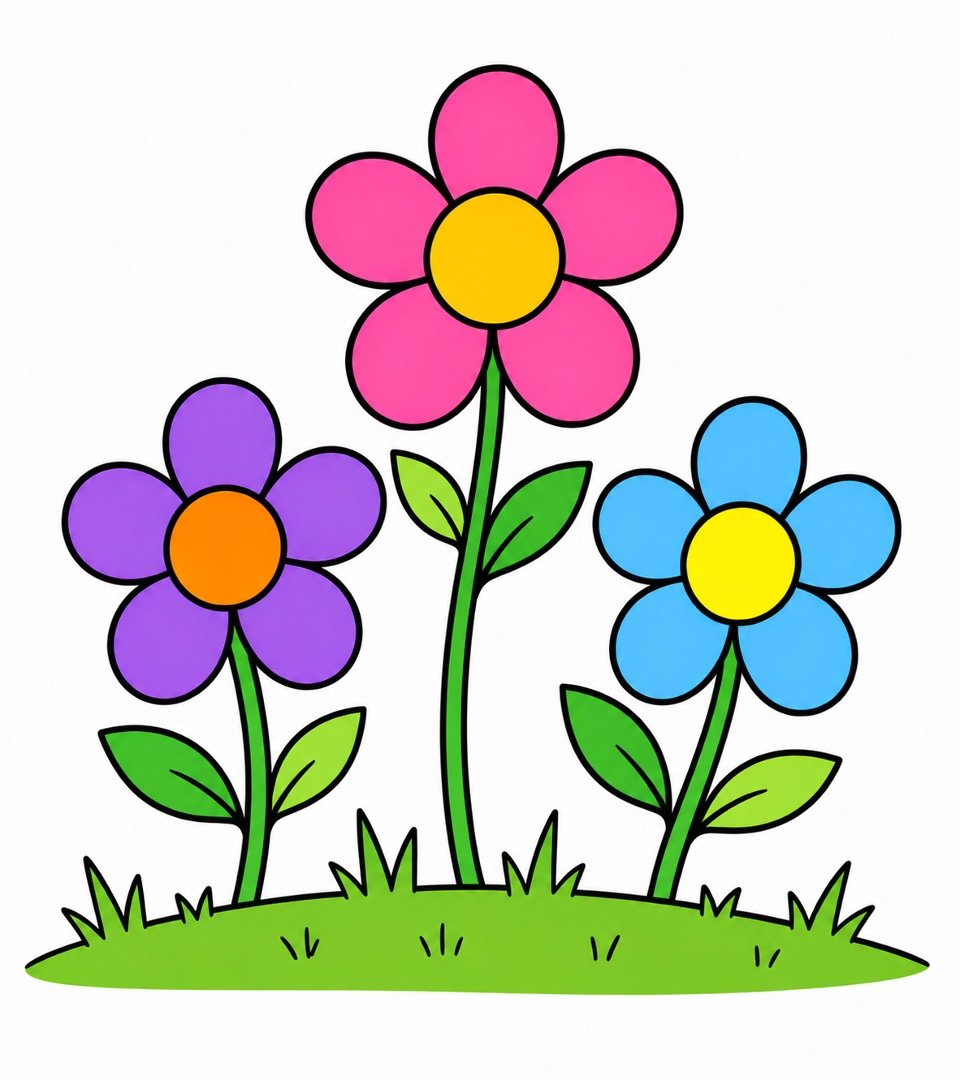 Simple green grass added below the flowers drawing with colour.