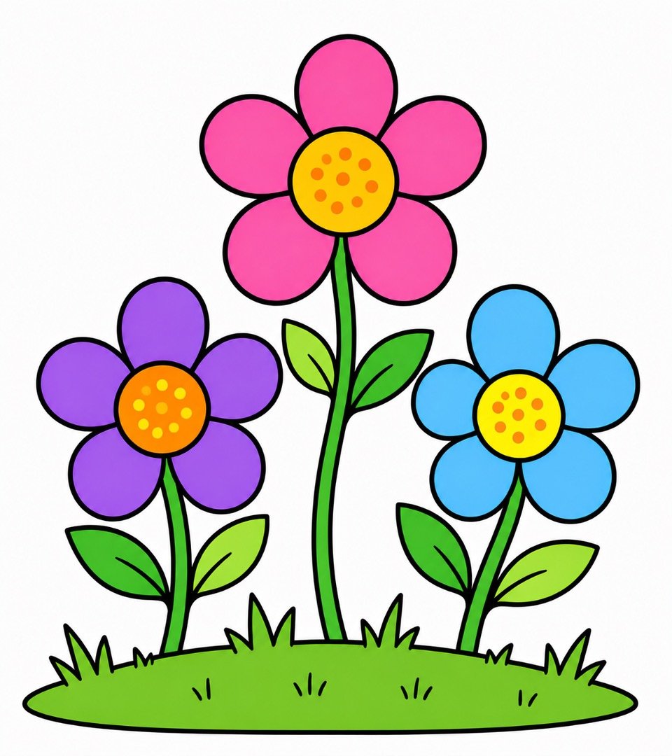 Completed flowers drawing with colour featuring three flowers, green leaves, and grass.