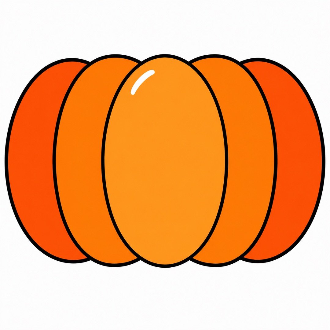 Wide pumpkin drawing with colour made from five simple orange sections.