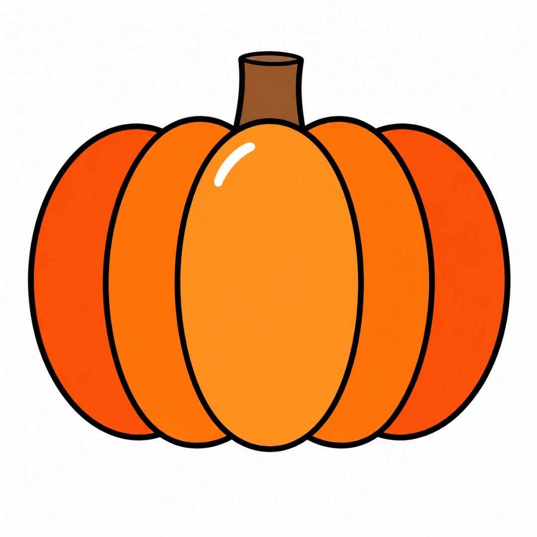 Pumpkin drawing with colour featuring five orange sections and a short brown stem.