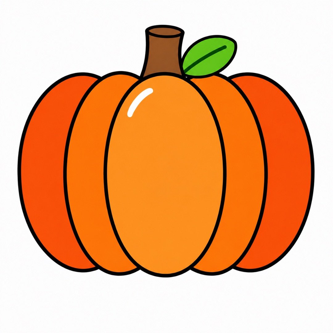 Pumpkin drawing with colour showing a brown stem and a bright green oval leaf.