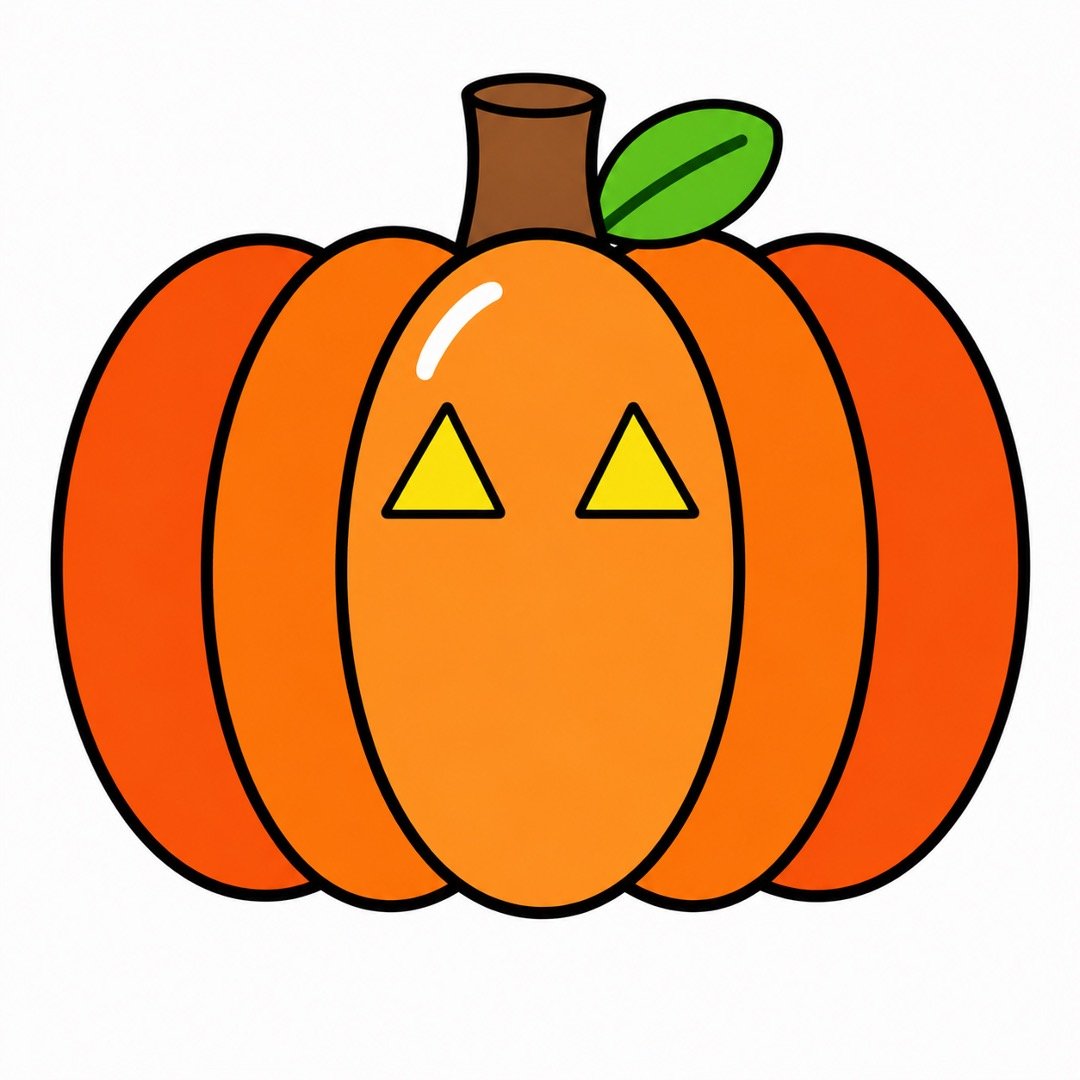 Friendly pumpkin drawing with colour featuring two sunny-yellow triangle eyes.