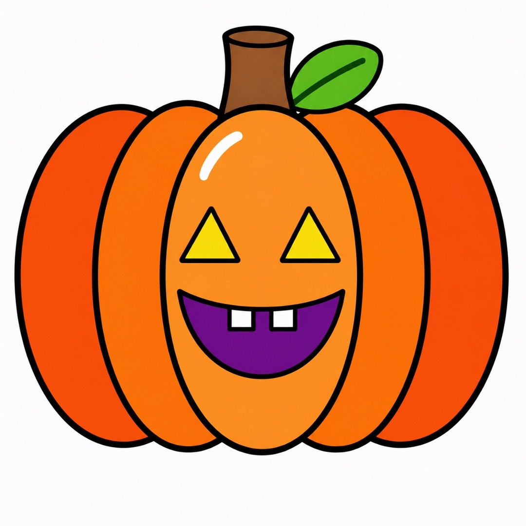 Smiling pumpkin drawing with colour showing yellow eyes and a purple mouth.