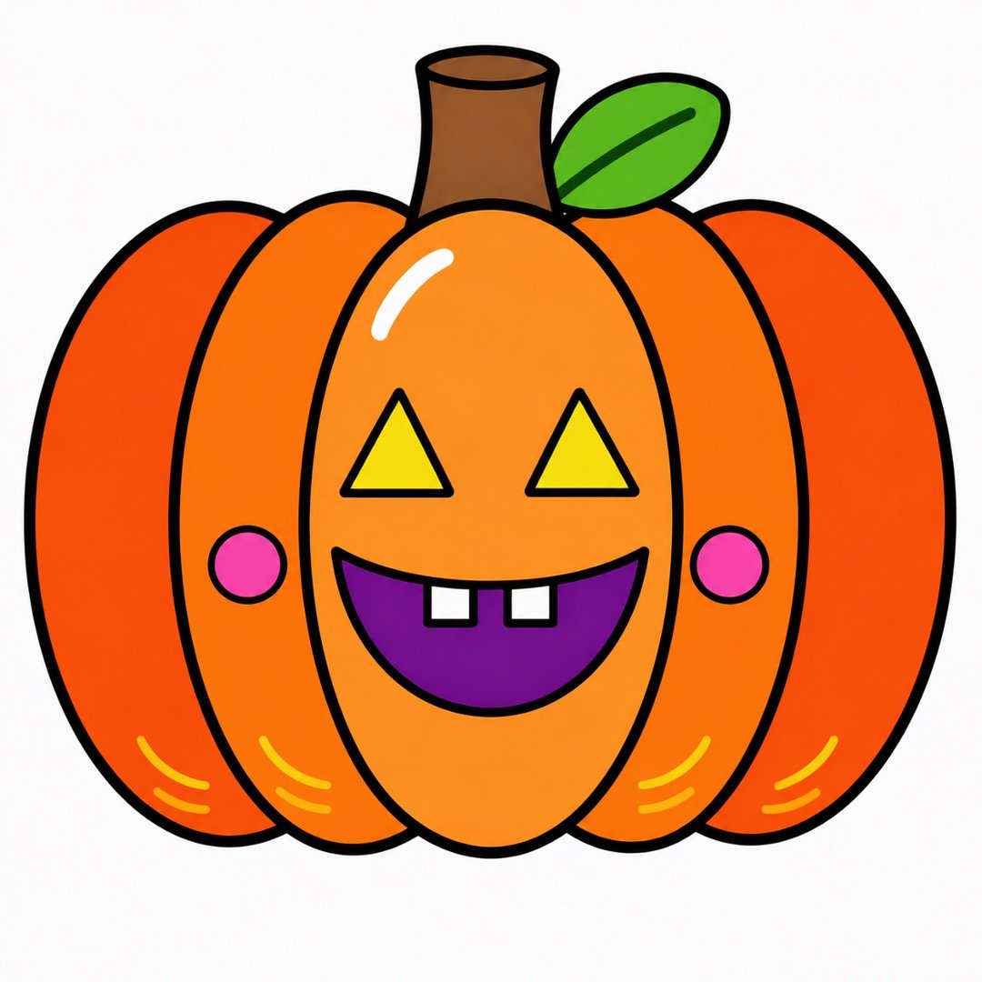 Completed pumpkin drawing with colour featuring orange sections, yellow eyes, pink cheeks, a green leaf, and a happy smile.