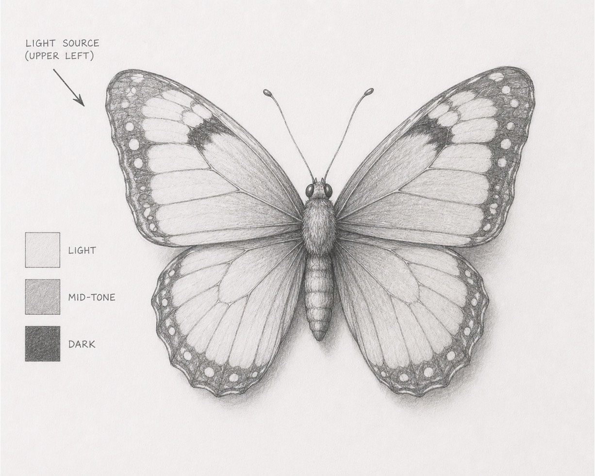 Butterfly sketch shaded in light, mid-tone, and dark values from an upper-left light source.