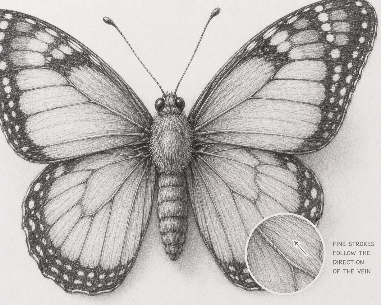 Detailed butterfly drawing with wing patterns, vein texture, and soft body hairs.