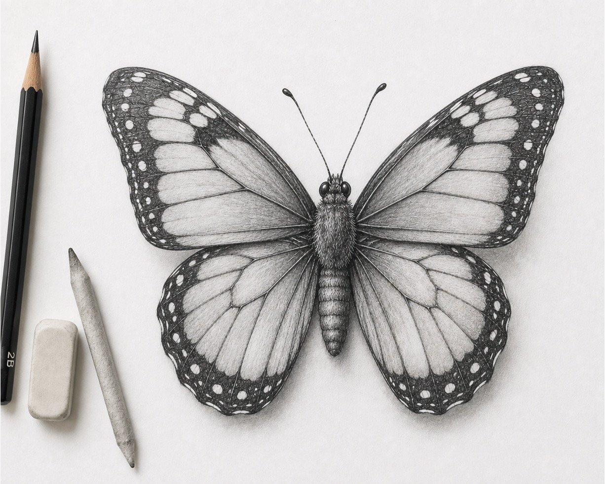 Finished butterfly drawing with blended shading, crisp details, dark patterns, and bright highlights.