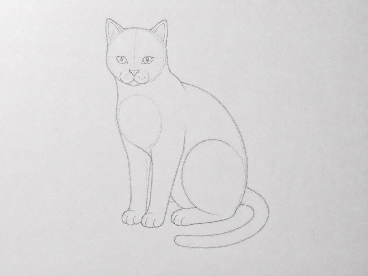 Cat sketch with eyes, ears, nose, muzzle, paws, and tail structure added.