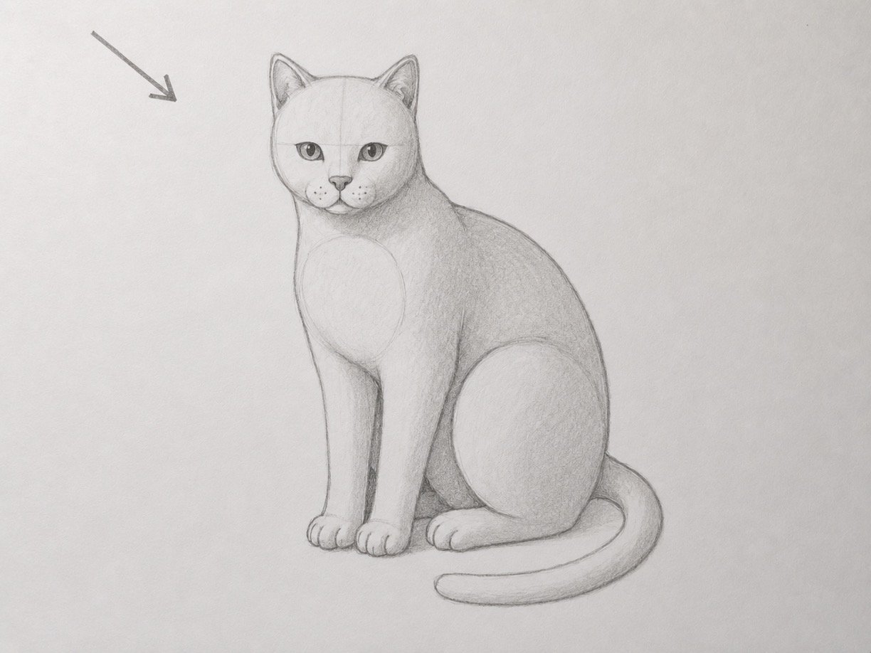Seated cat drawing showing light, mid-tone, and dark graphite shading.