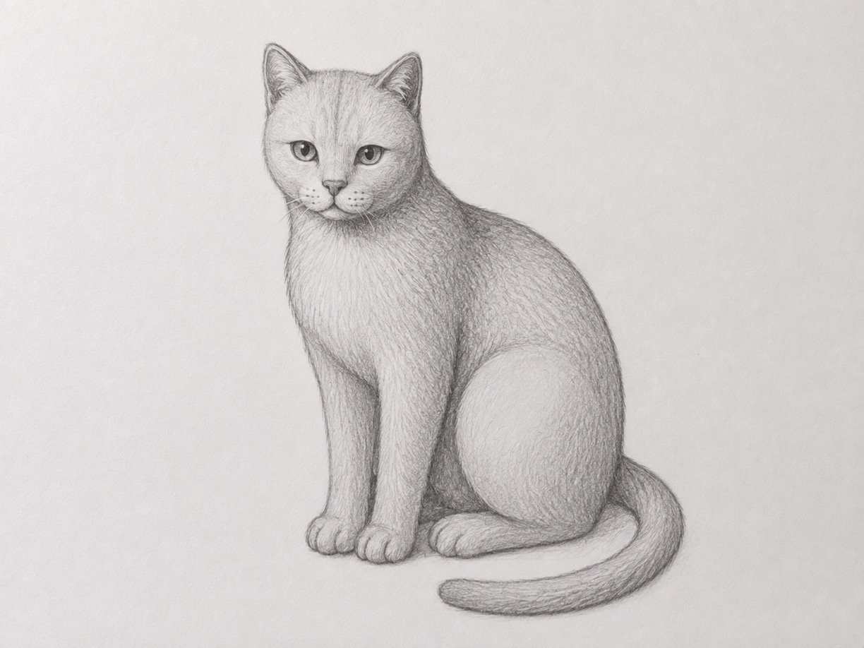 Realistic cat sketch with layered fur strokes following the direction of growth.