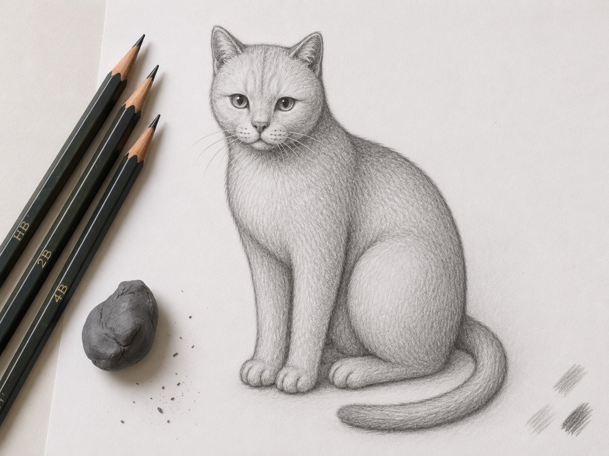 Finished realistic cat pencil drawing with highlights, whiskers, and blended shadows.