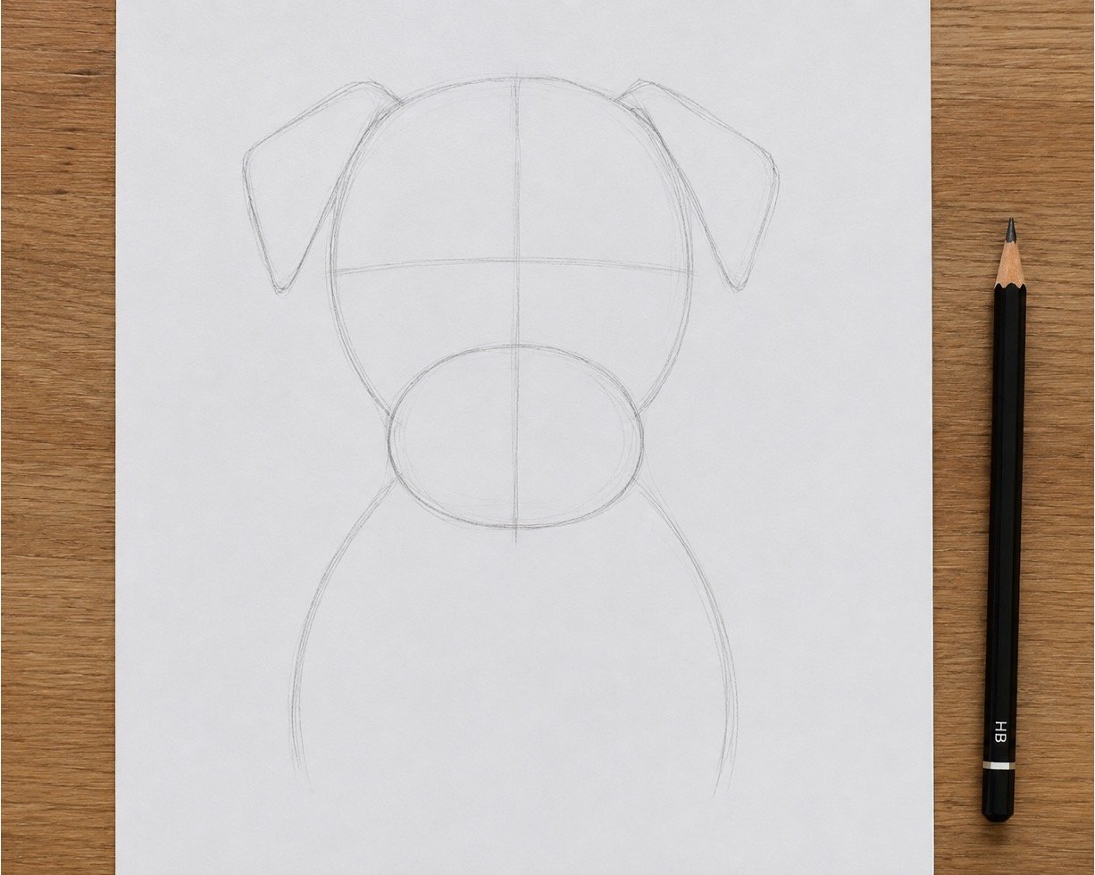 Light basic shapes and guidelines for a realistic dog portrait
