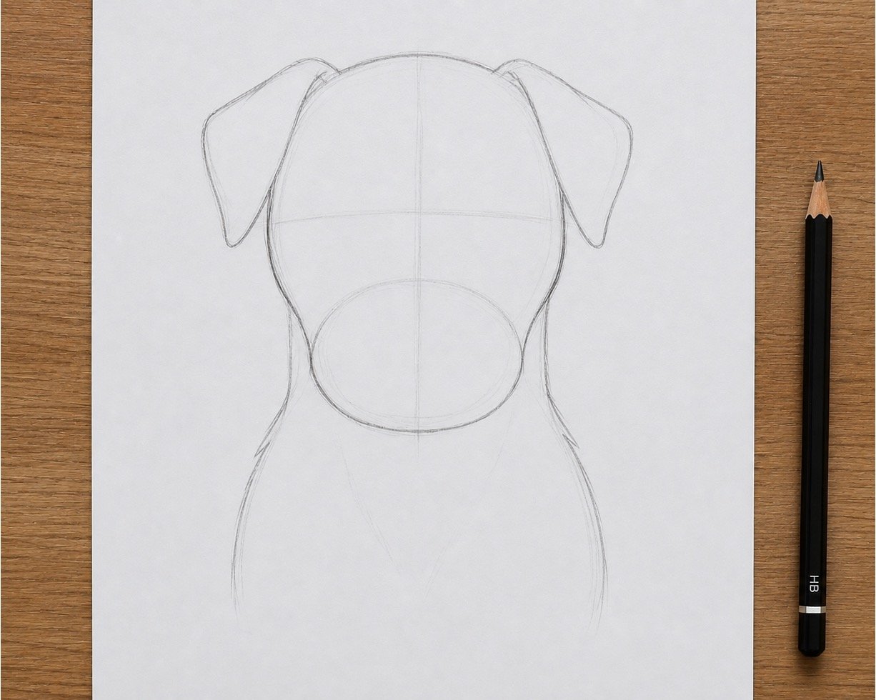Refined contour drawn over the basic shapes of a dog’s head