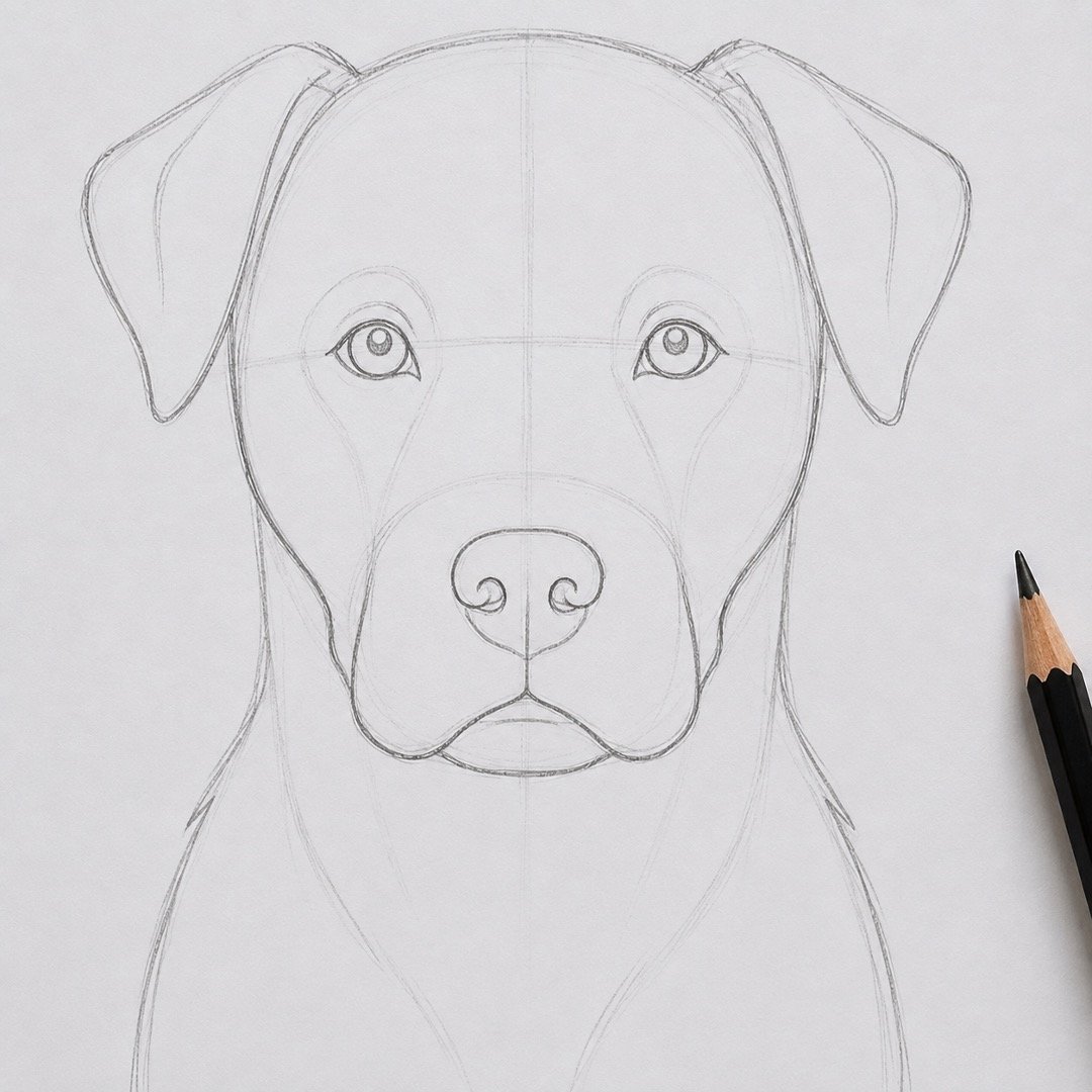 Dog portrait with eyes, nose, muzzle, mouth, and ears outlined