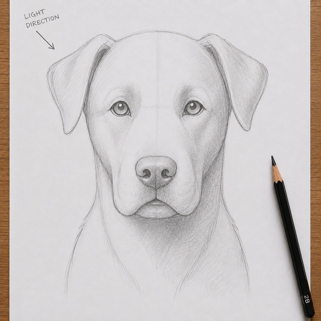Basic light, mid-tone, and dark shading added to a dog portrait