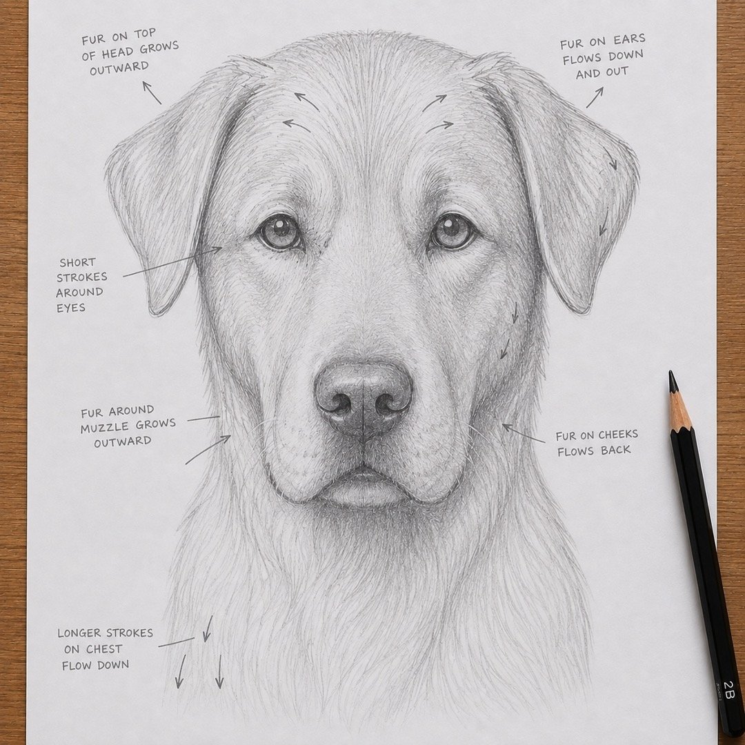Realistic fur strokes following the direction of a dog’s hair