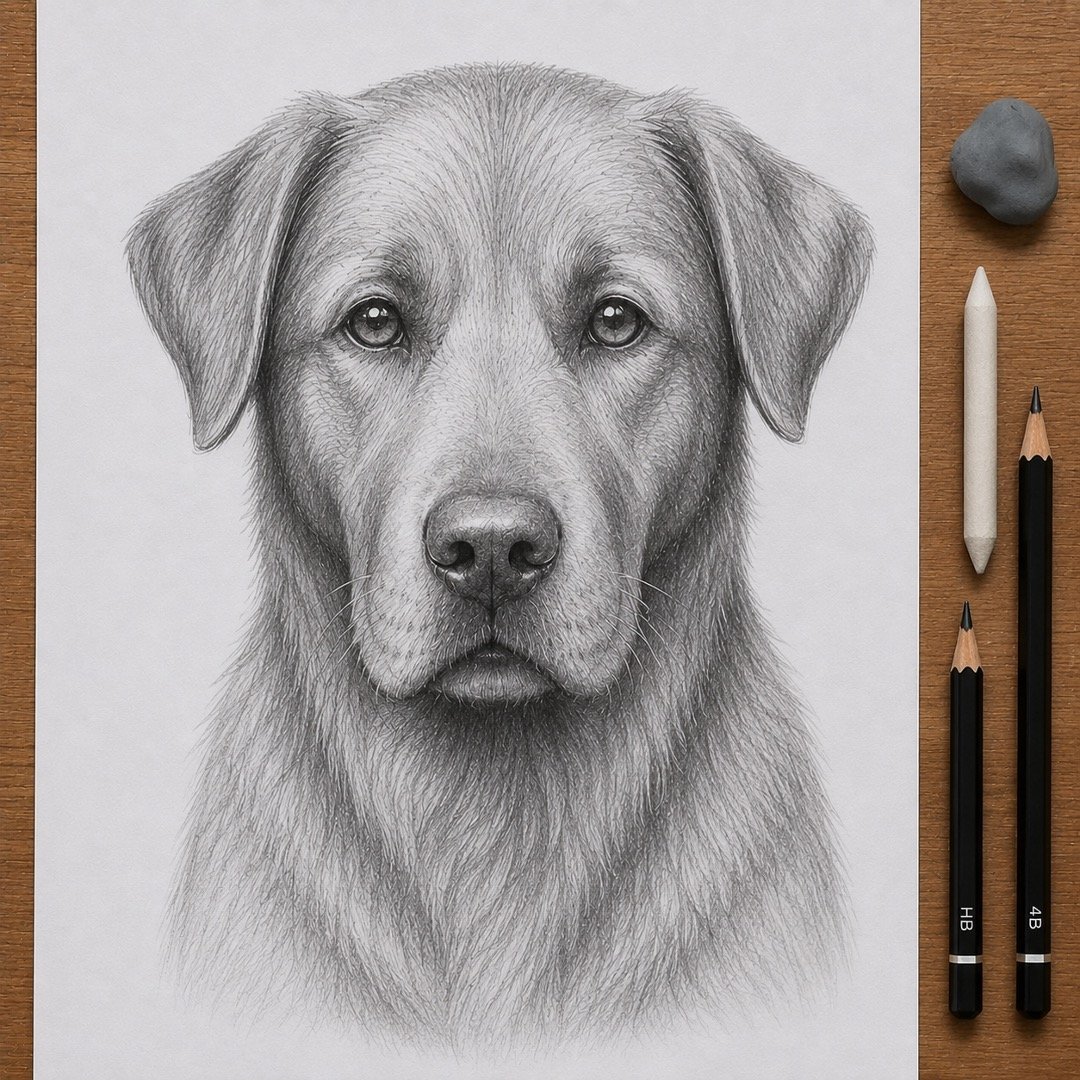 Finished realistic dog pencil drawing with fur, shading, and highlights