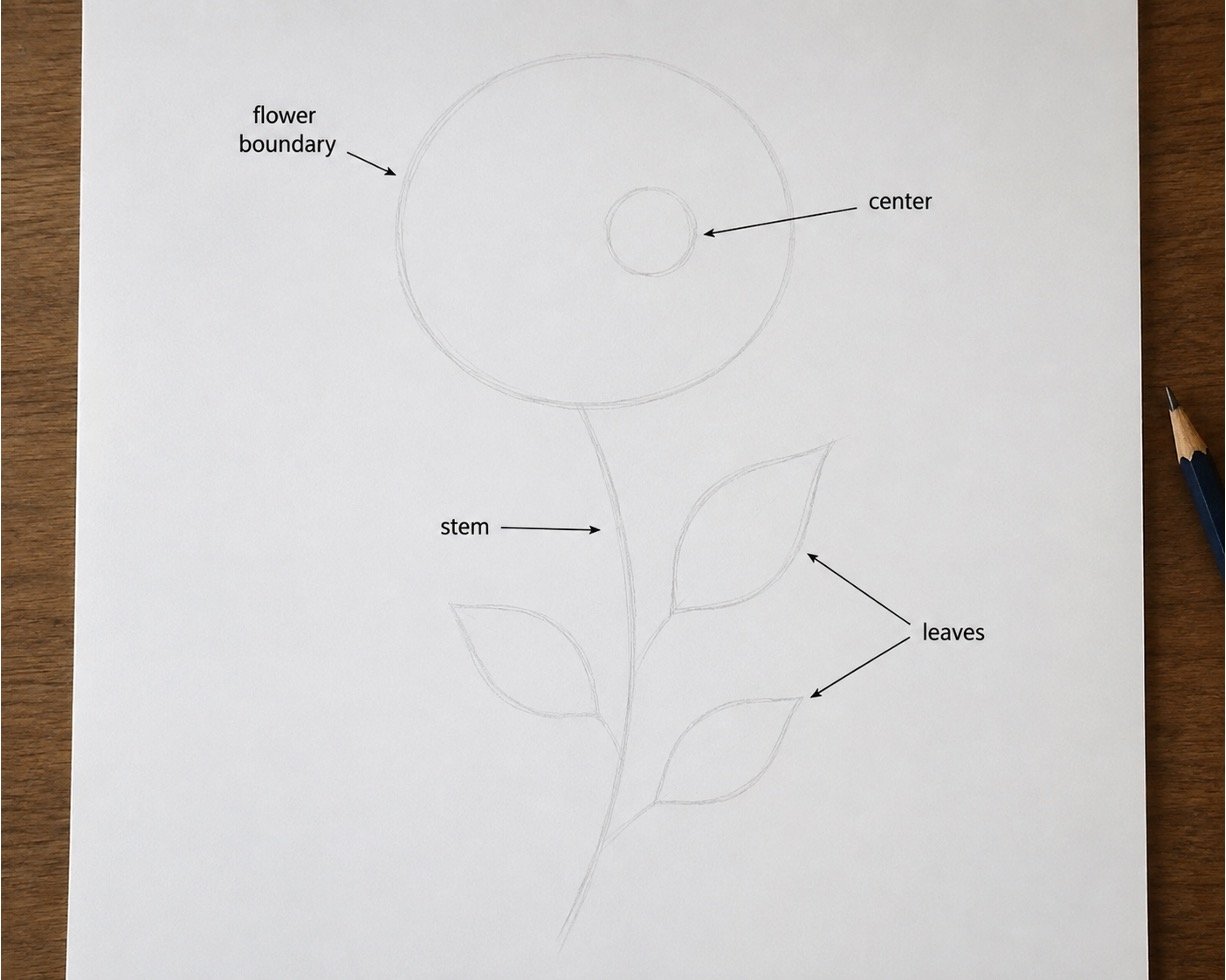 Light oval, center circle, stem, and leaf shapes blocking in a realistic rose.