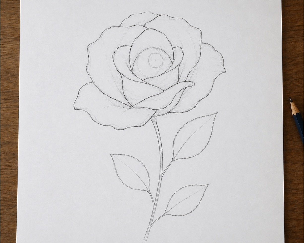 Refined rose contour with overlapping outer petals and a cleaner stem and leaves.