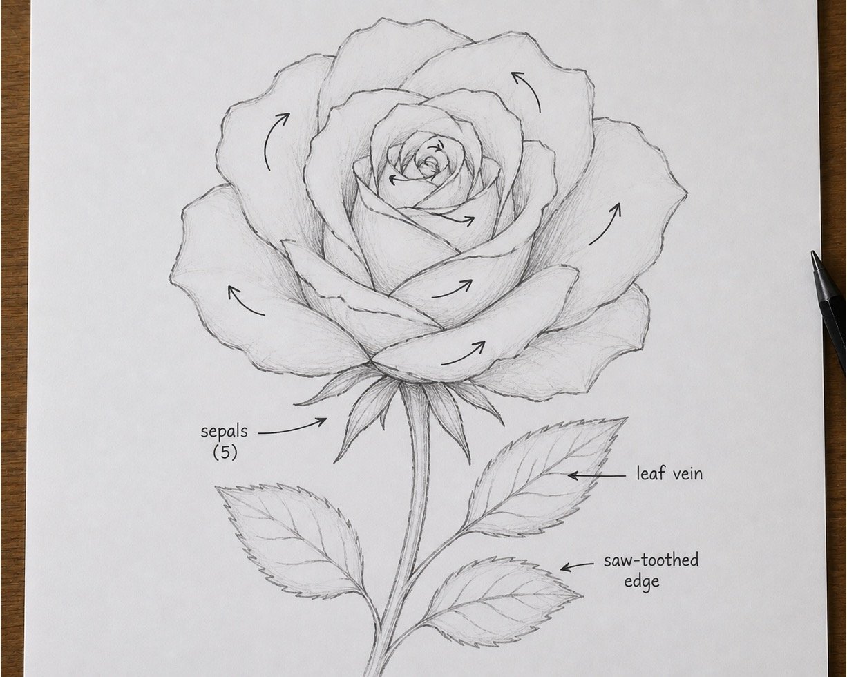 Rose sketch showing layered center petals, curled edges, sepals, and leaf veins.