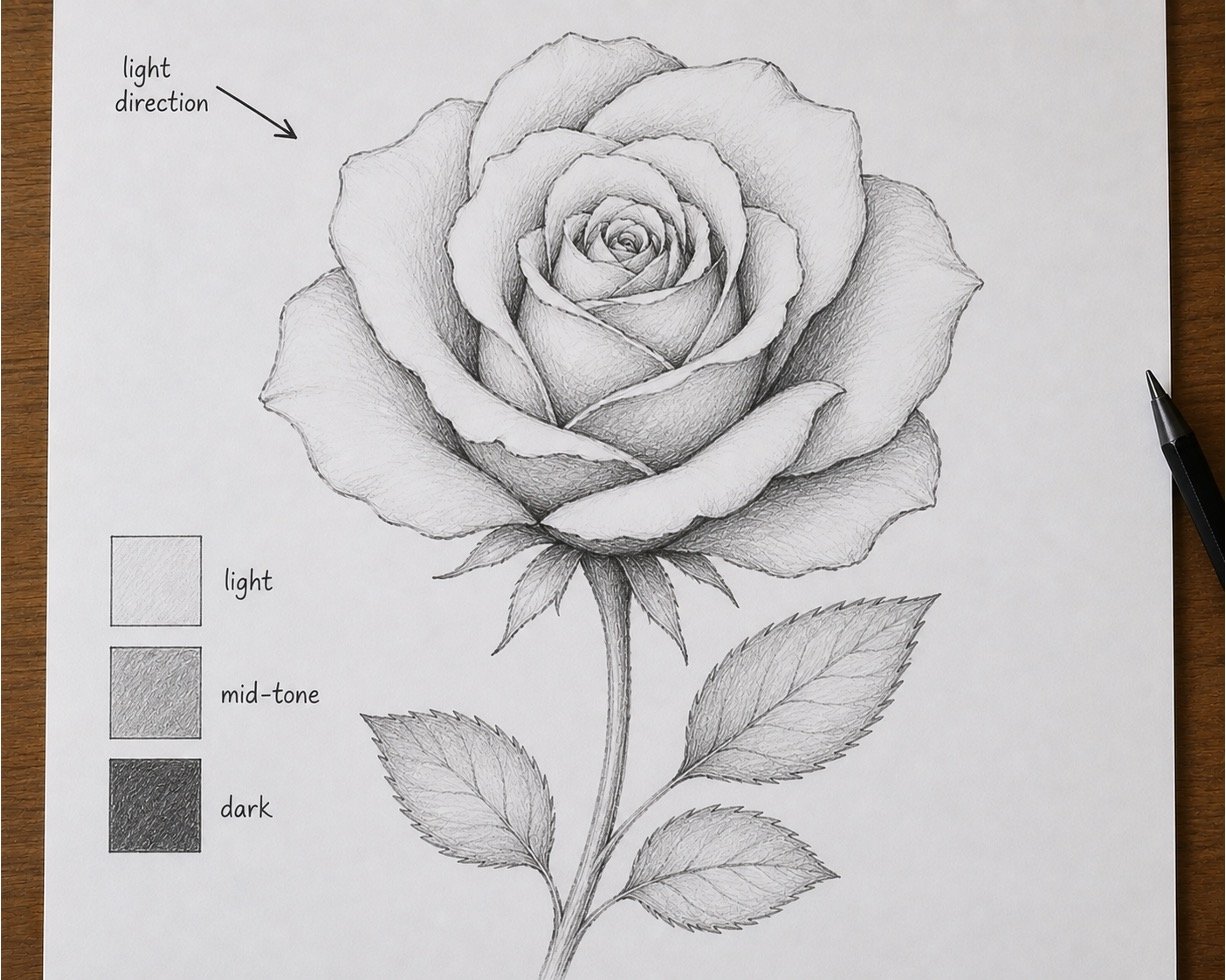 Realistic rose divided into light, mid-tone, and dark shadow areas.