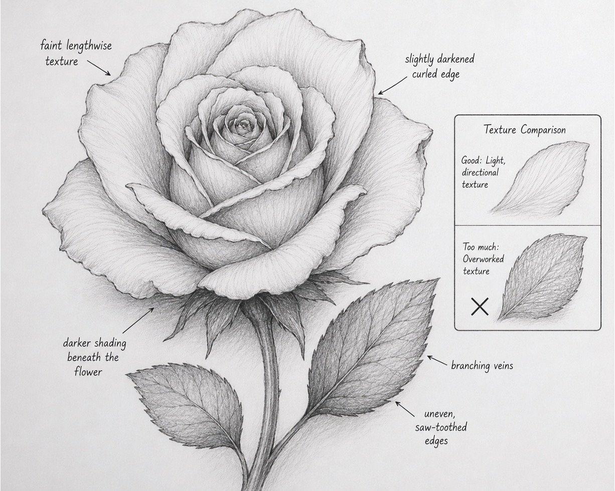 Rose pencil drawing with smooth petal texture, fine veins, and detailed leaves.