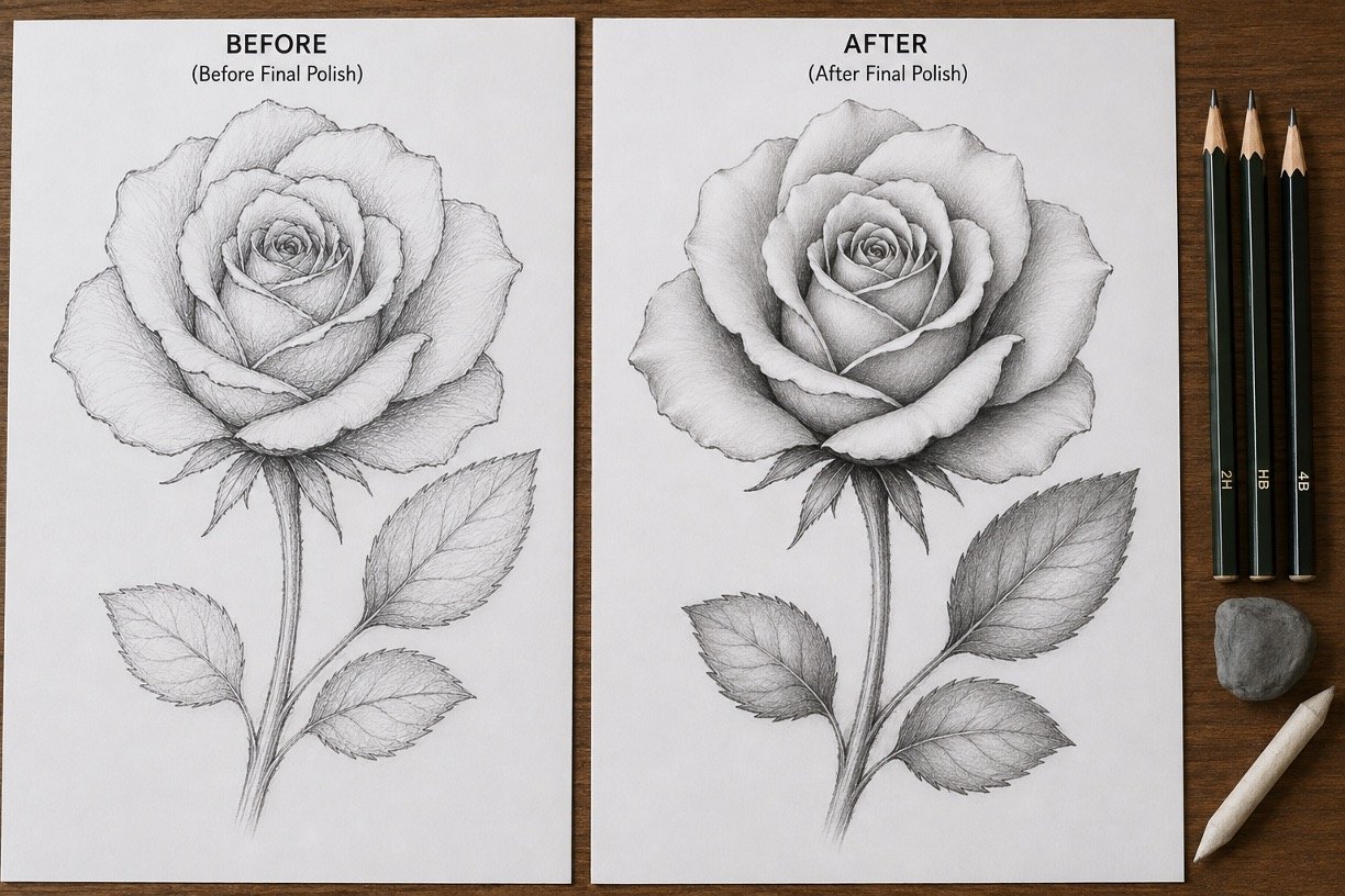 Finished realistic rose drawing with blended shading, bright highlights, and deep shadows.