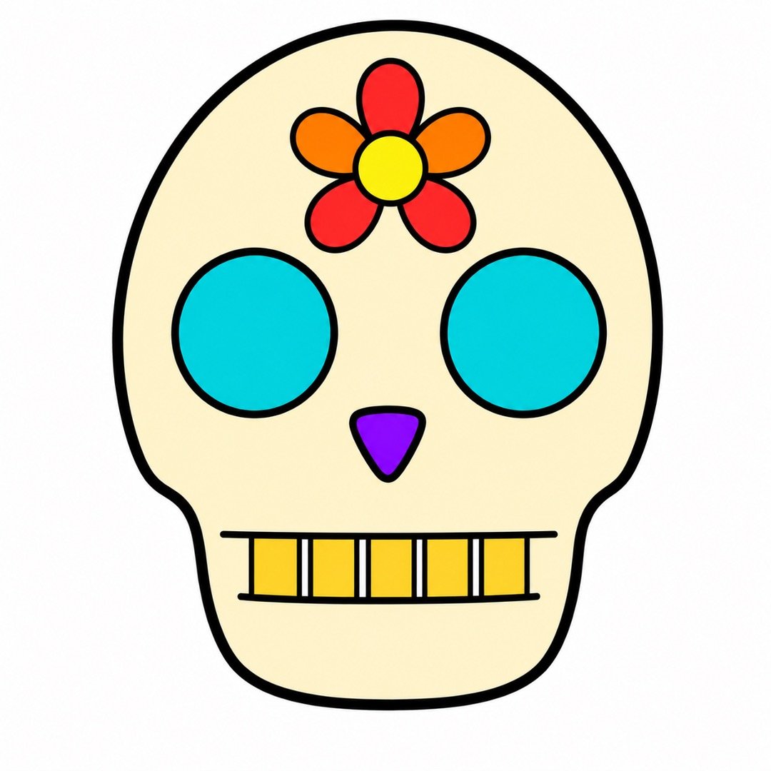 Red and orange forehead flower on a Skull drawing with colour.
