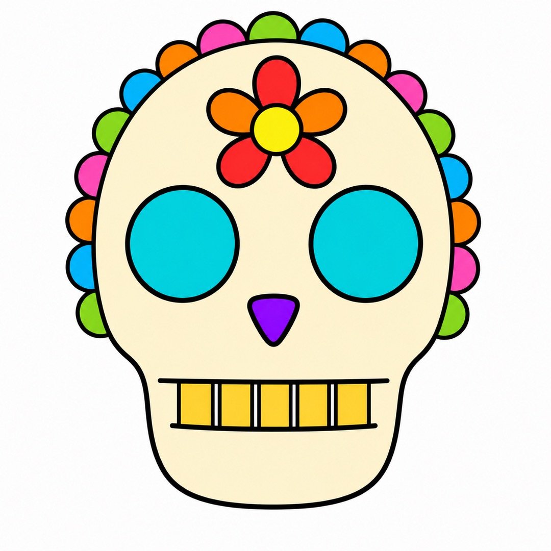 Rainbow edge decorations on an easy Skull drawing with colour.