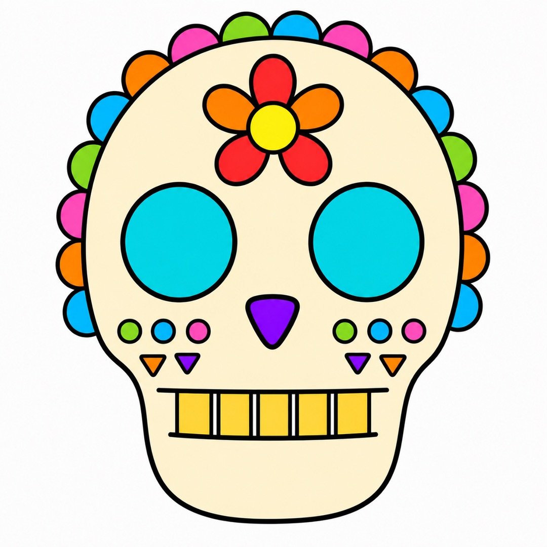 Completed bright and cheerful Skull drawing with colour in eight easy steps.