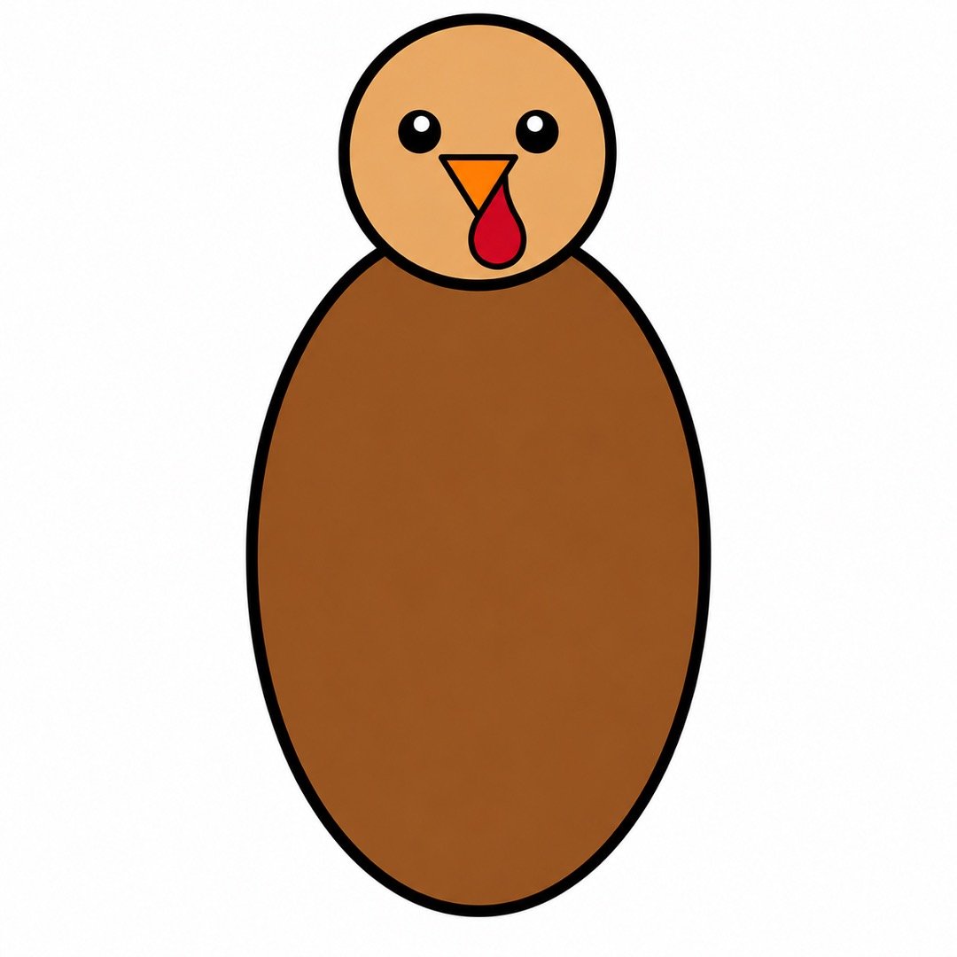 Step 3 of a Turkey drawing with colour showing the body, head, eyes, orange beak, and red wattle.