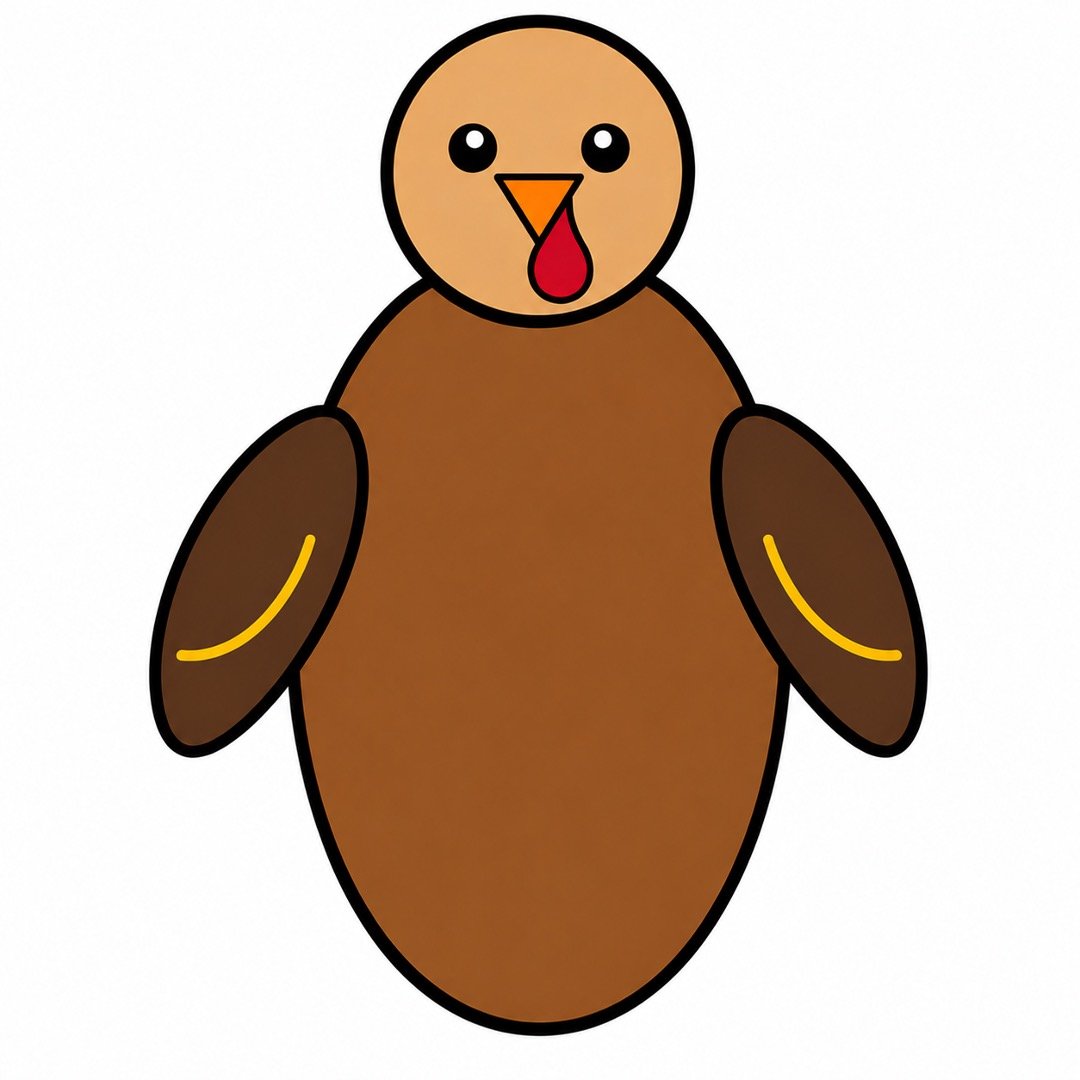 Step 4 of a Turkey drawing with colour showing a friendly turkey with two dark-brown wings.