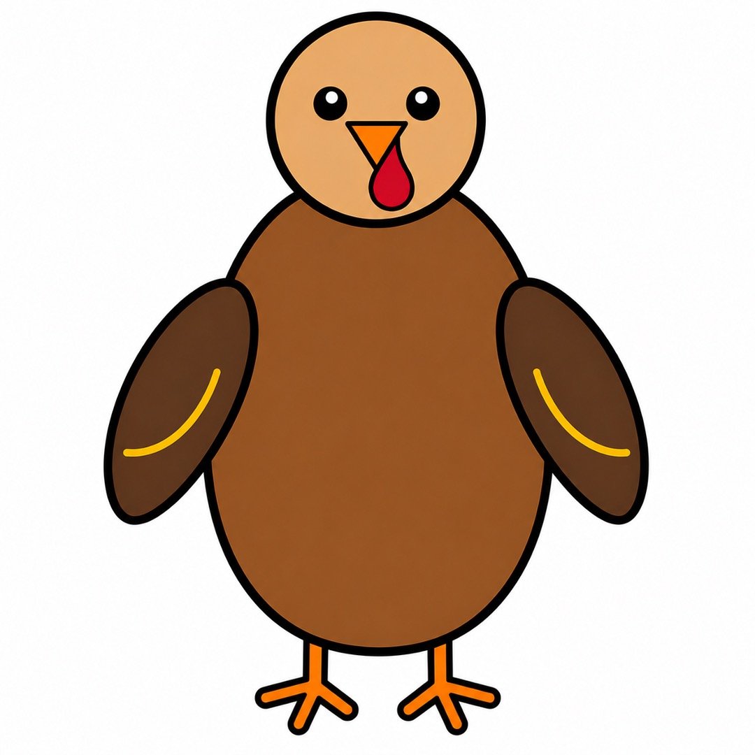 Step 5 of a Turkey drawing with colour showing orange legs and simple three-line feet.