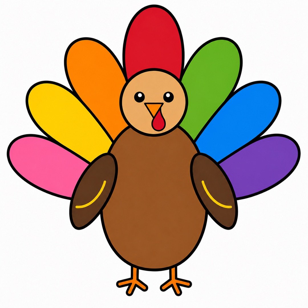 Step 6 of a Turkey drawing with colour showing seven bright oval feathers arranged in a fan.