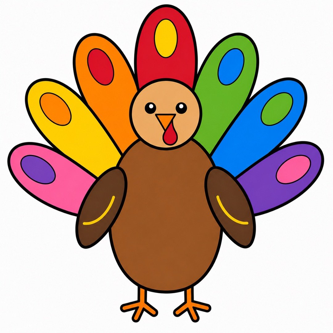 Step 7 of a Turkey drawing with colour showing bright contrasting oval decorations on every tail feather.