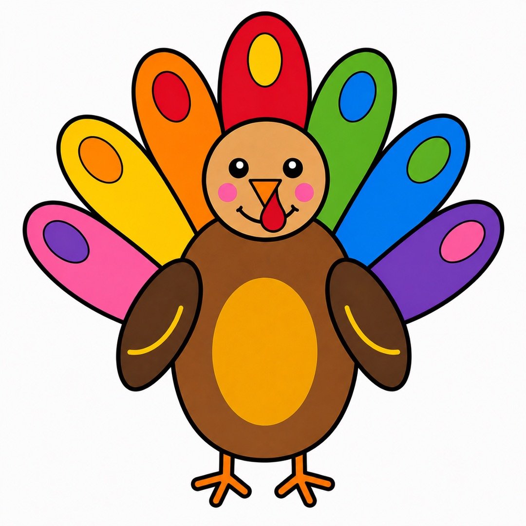 Completed Turkey drawing with colour featuring a happy brown turkey and a bright rainbow tail.