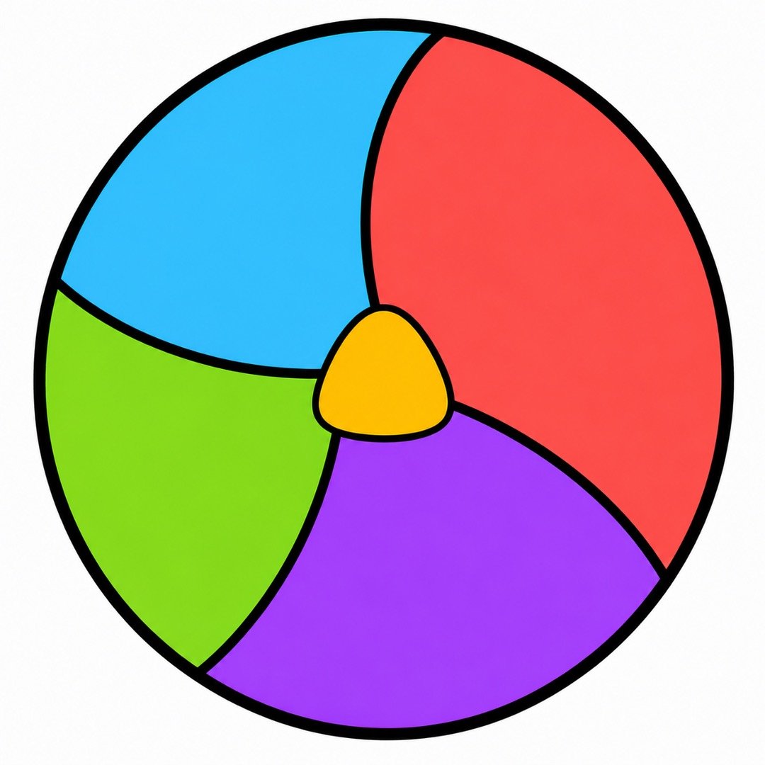 Step six of a Volleyball drawing with colour showing blue, coral, purple, green, and yellow sections.