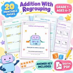Addition worksheets for Grade 1 with regrouping